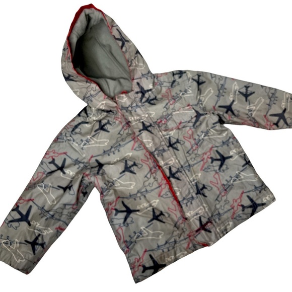 Old Navy Airplane Toddler Fleece Lined Raincoat Gray Red Zip Front Hoodie 2T - Picture 10 of 10